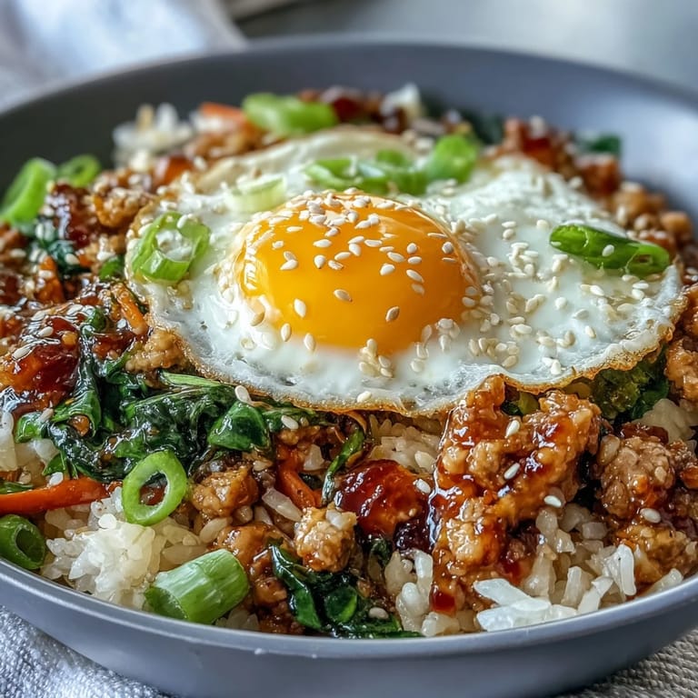 Serving suggestion for Creamy Korean Turkey Rice Skillet: bowls with kimchi and sesame seeds, perfect for a busy weeknight dinner.