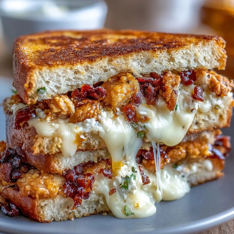 A crispy sliced Goat Cheese & Hot Honey Chicken Grilled Cheese sandwich, drizzled with hot honey and chili flakes.