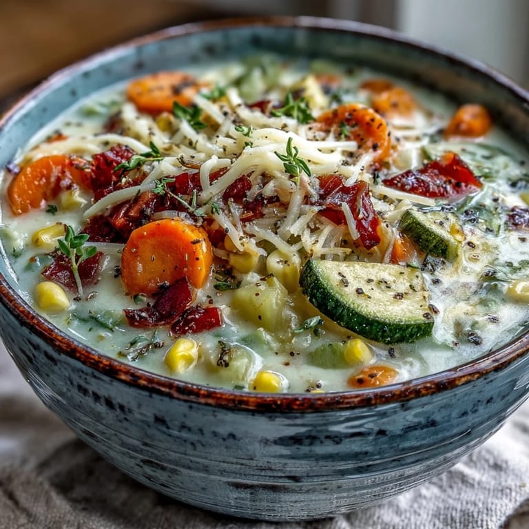 Vibrant vegetables like red bell pepper and peas in a pot of Creamy Garlic Parmesan Veggie Soup.