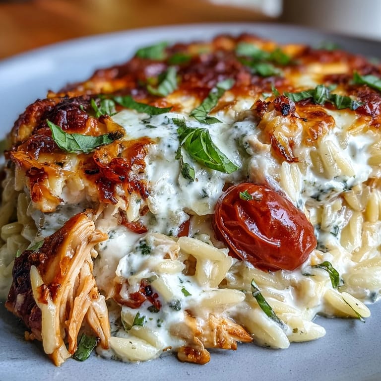 A skillet of One-Pan Creamy Chicken Lasagna Orzo with melted mozzarella and vibrant cherry tomatoes.
