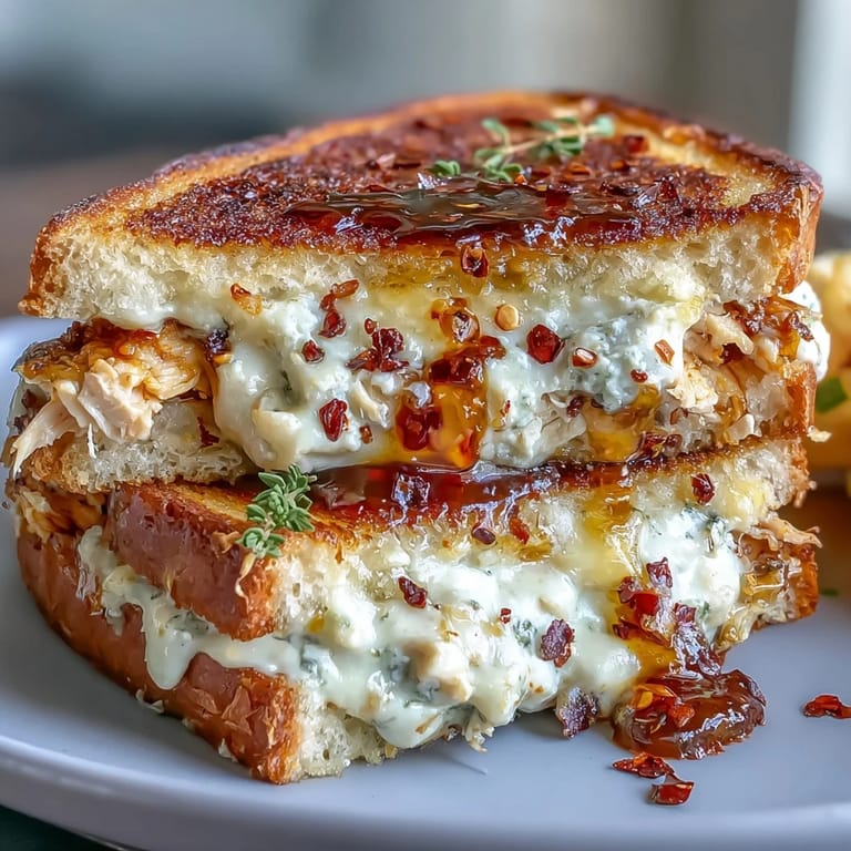 The melty sandwich oozes goat cheese and shredded chicken on a rustic cutting board.