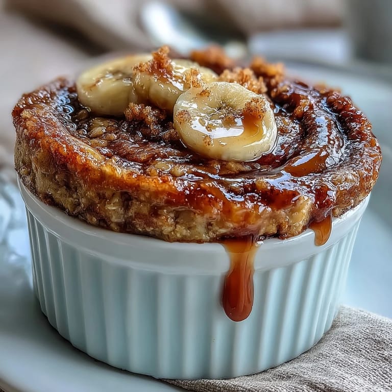 A single-serve ramekin of Cinnamon Swirl Protein Banana Baked Oats with a gooey cinnamon ribbon and optional chopped pecans.