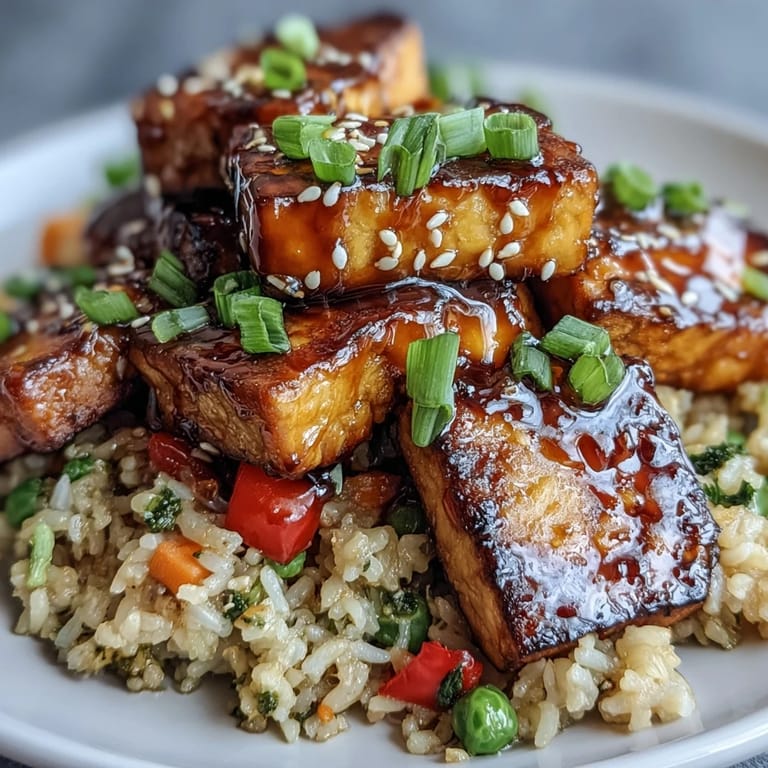 A close-up of Crispy Sesame Tofu Fried Rice with fluffy grains and colorful vegetables, topped with green onions and sesame seeds on a rustic wooden table.
