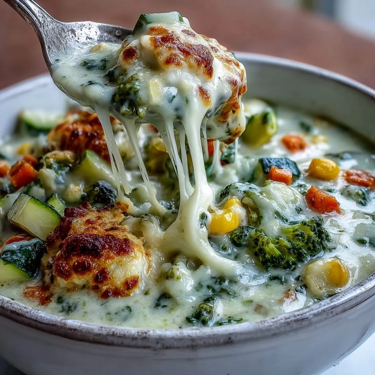 A pot of Creamy Garlic Parmesan Veggie Soup on the stove, featuring a rich, creamy base loaded with corn, broccoli, carrots, and potatoes.