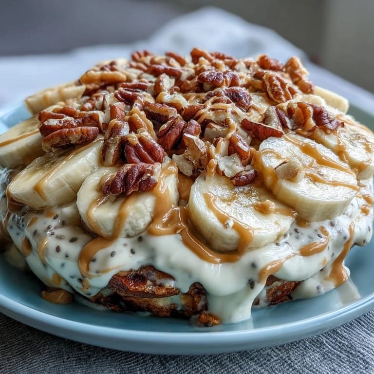 Enjoy a single serving of High-Protein Breakfast Pizza Bowl, featuring a fluffy pancake crust, tangy yogurt frosting, and sliced bananas.