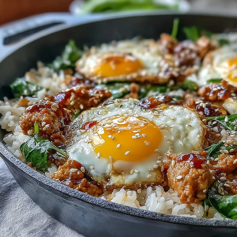A close-up of Creamy Korean Turkey Rice Skillet featuring sautéed ground turkey and fluffy rice. The vibrant red sauce and greens highlight the spicy Korean fusion flavors.