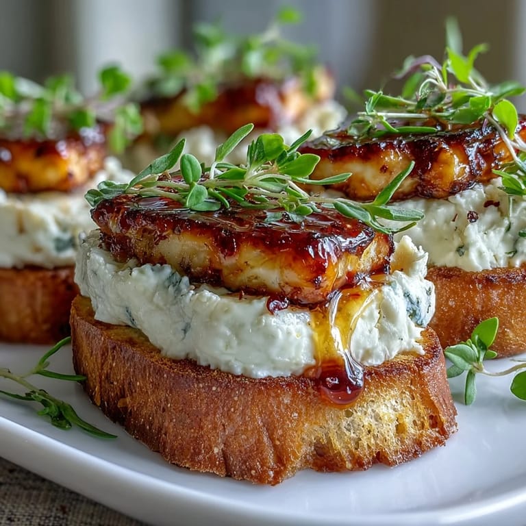 Golden baguette toasts spread with herbed goat cheese and drizzled with spicy-sweet hot honey.