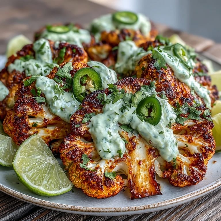 A vibrant serving of Keto Chili Lime Cauliflower Steaks features creamy avocado crema, cilantro, and jalapeño slices on a white plate.