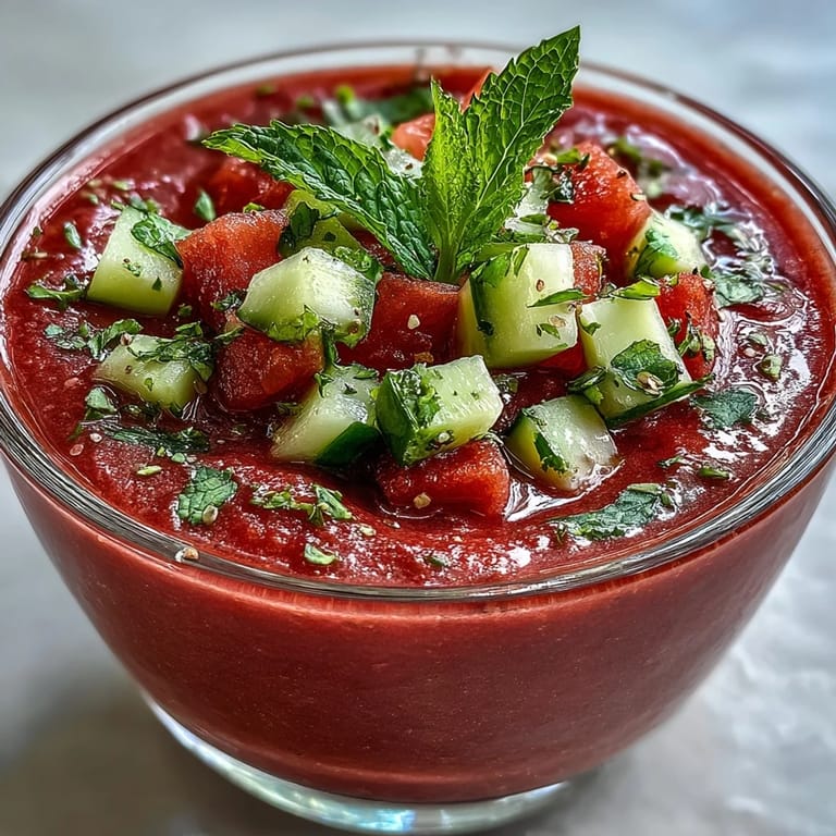 A bowl of vibrant Vegan Watermelon Mint Gazpacho topped with fresh diced cucumbers and mint leaves, ready to serve. 