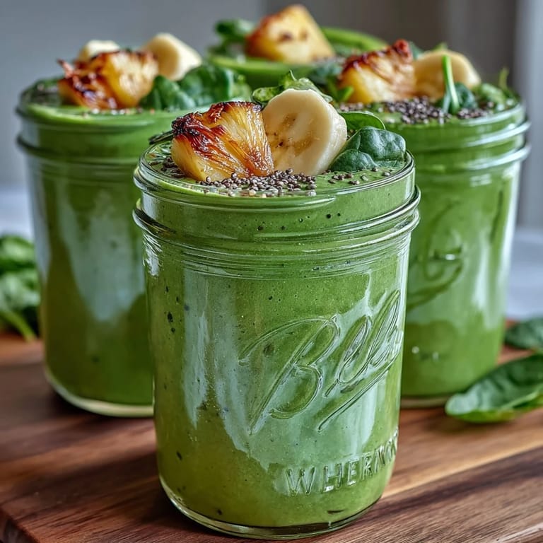 This tropical pineapple and spinach Green Smoothie Meal Prep Jars recipe is topped with chia seeds and ready for blending.