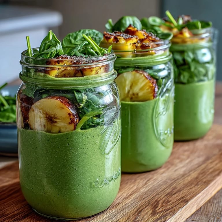 Bright green smoothie jars with pineapple, spinach, and banana sit beside a blender for a quick vegan breakfast.