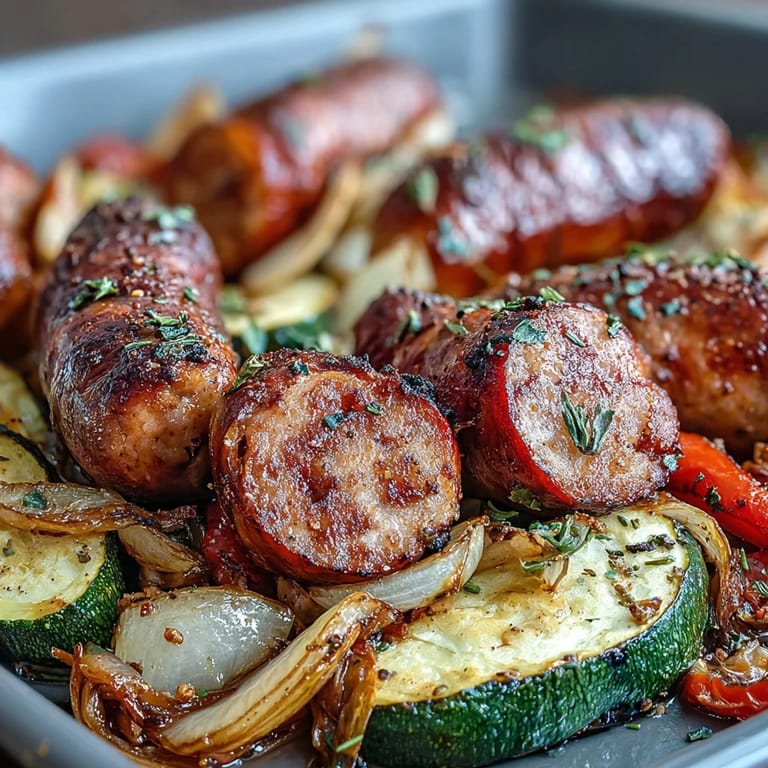 Roasted Sheet Pan Italian Sausage with Peppers and Zucchini garnished with fresh basil, steam rising from the hot pan.