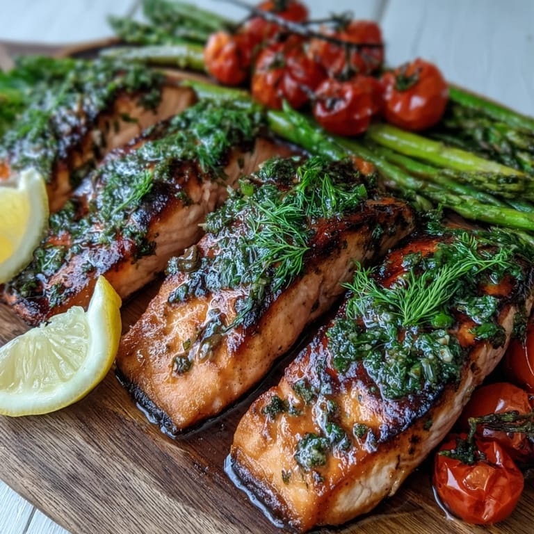 Perfectly grilled salmon with asparagus and cherry tomatoes plated with lemon wedges for a healthy Mediterranean dinner.