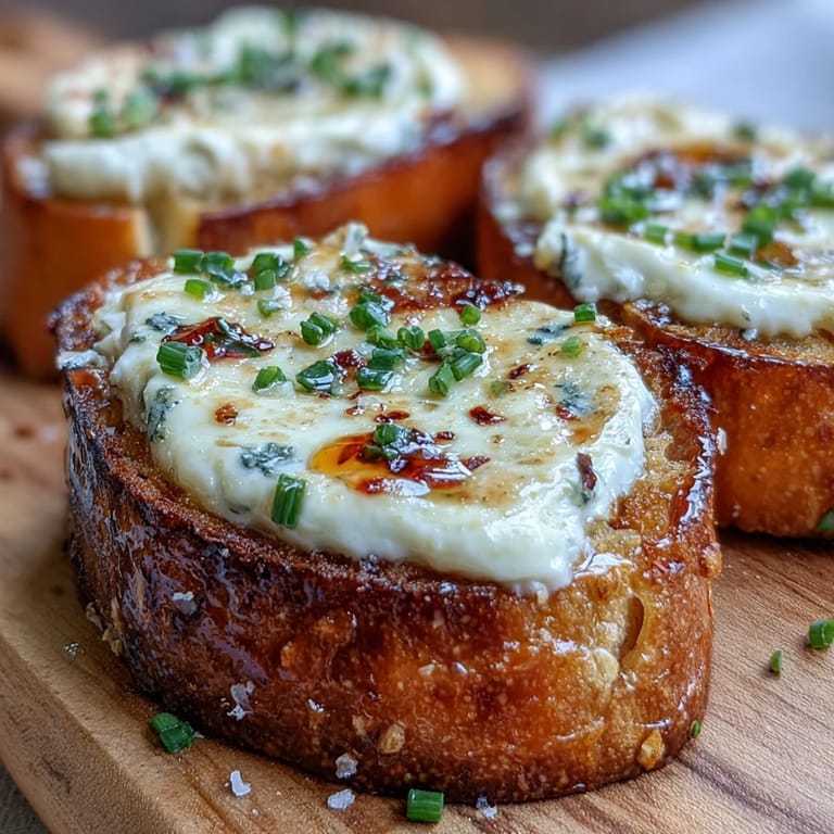 Close-up of a hand holding a hot honey goat cheese crostini, revealing melted cheese and red pepper flakes on the baguette.
