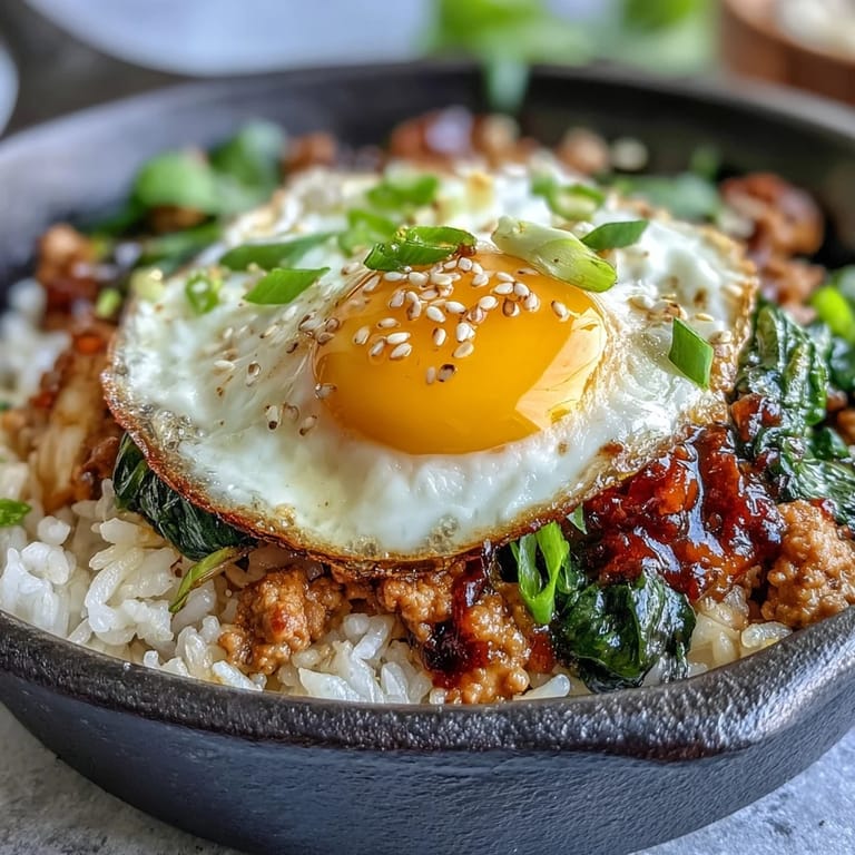 A close-up of Creamy Korean Turkey Rice Skillet featuring sautéed ground turkey and fluffy rice. The vibrant red sauce and greens highlight the spicy Korean fusion flavors.