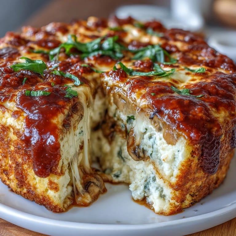 Wholesome cottage cheese pizza bowl baked with spinach, marinara, and melted cheese, garnished with fresh basil.