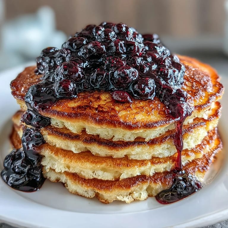Golden brown pancakes made with Greek yogurt and whole wheat flour, drizzled with sweet homemade blueberry sauce.
