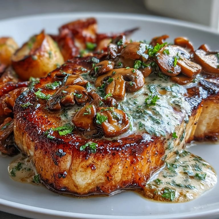 Juicy bone-in pork chops seared to perfection, nestled in a rich garlic mushroom cream sauce alongside tender, caramelized roasted radishes.  