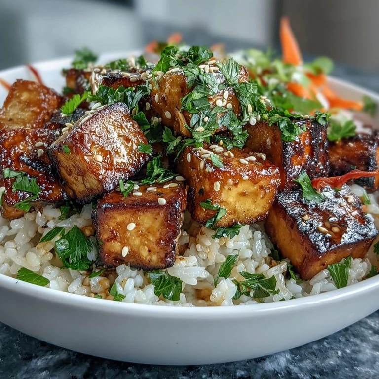 Golden-brown crispy tofu cubes served over fragrant jasmine rice with tangy pickled carrots, daikon, and fresh cilantro for a satisfying plant-based dish.  