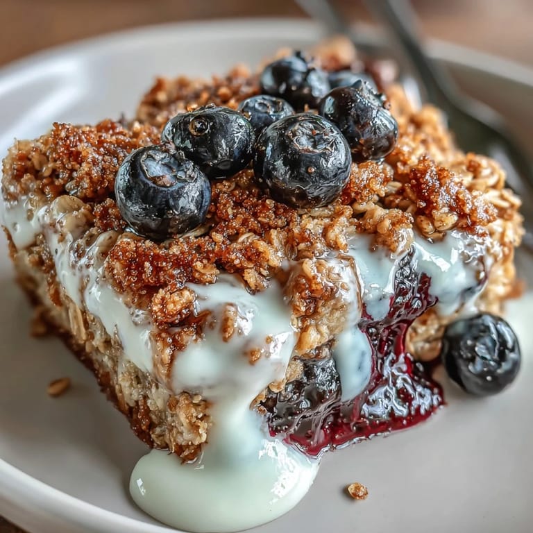 Golden-baked oatmeal topped with fresh blueberries and a tangy Greek yogurt swirl, served warm from the oven.  