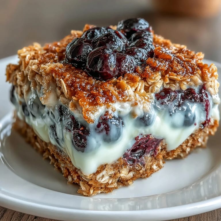 Wholesome blueberry oatmeal bake with a marbled Greek yogurt topping, ideal for a nutritious and satisfying morning meal.
