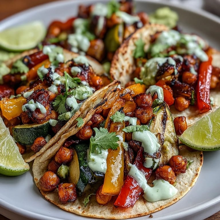 Vibrant veggie and chickpea fajitas with rainbow bell peppers, caramelized onions, and a tangy avocado-lime yogurt sauce.  