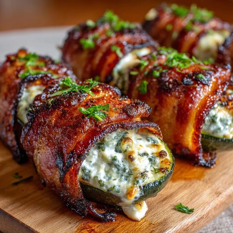 Cheesy stuffed zucchini halves wrapped in sizzling bacon, perfect for a low-carb dinner or party appetizer.