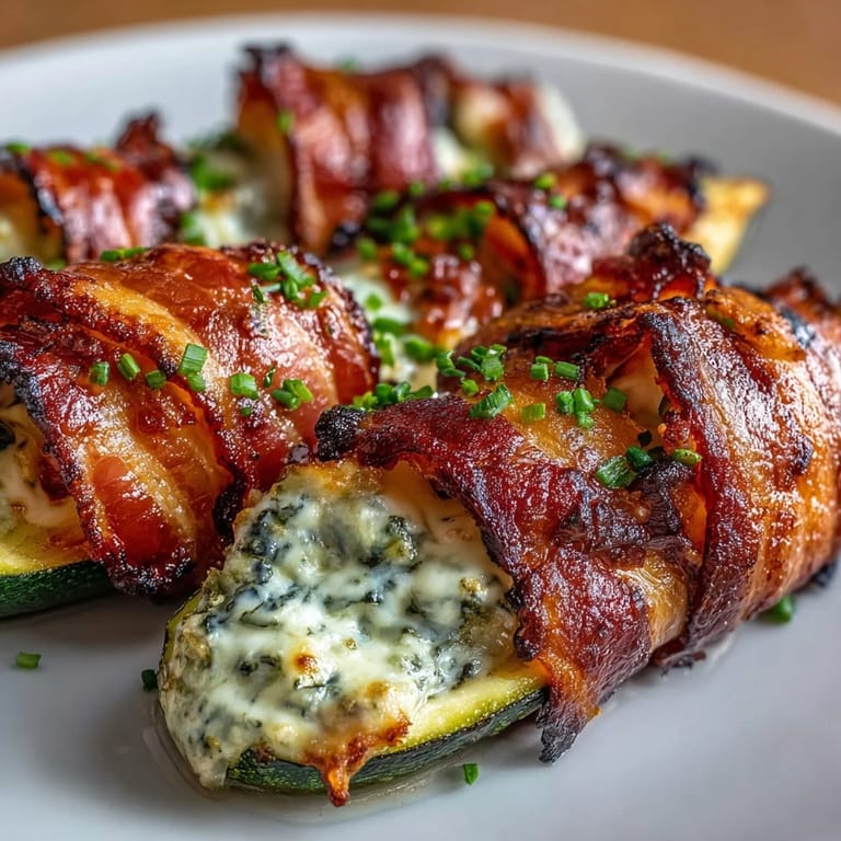 Tender zucchini boats loaded with herb cream cheese and wrapped in crispy bacon, a satisfying keto-friendly meal.