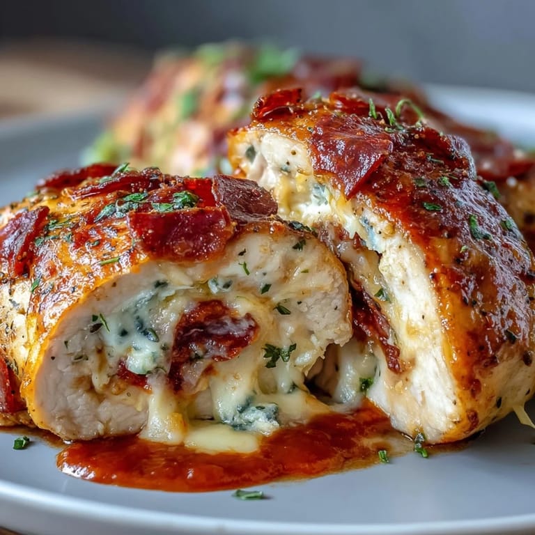 Golden-brown chicken breasts filled with gooey cheese, tangy marinara, and savory pepperoni for a low-carb comfort meal.  