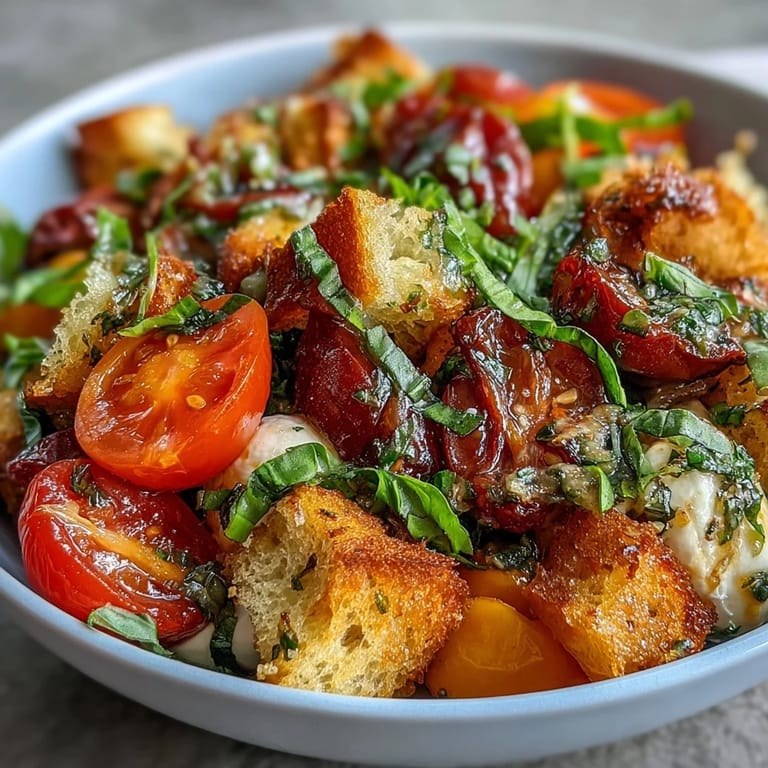 Rustic Italian sourdough panzanella featuring juicy heirloom tomatoes, crisp cucumber, and creamy mozzarella, tossed with basil dressing.  