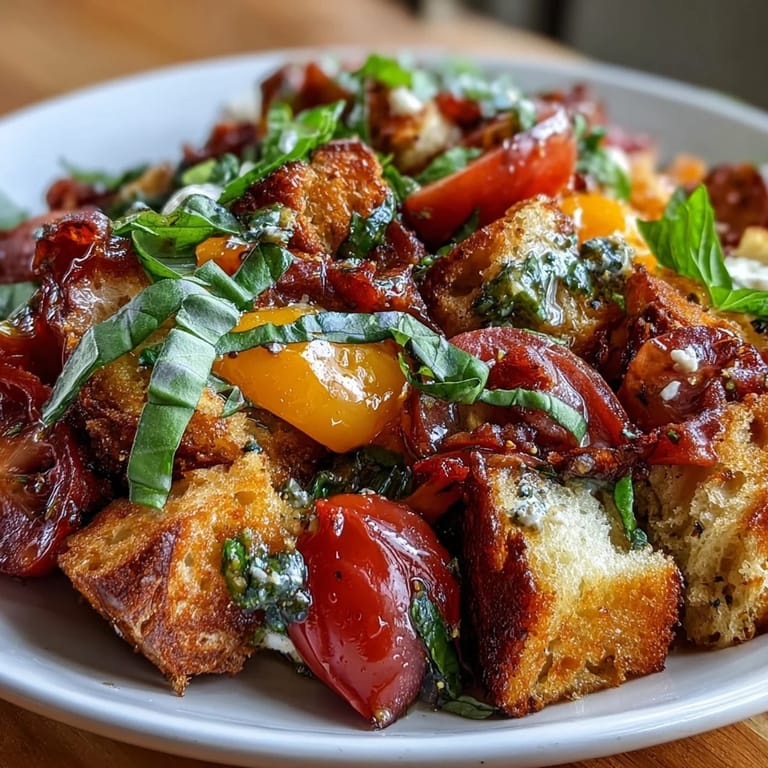 Colorful sourdough panzanella salad with golden croutons, assorted heirloom tomatoes, and fresh basil vinaigrette for a light meal.