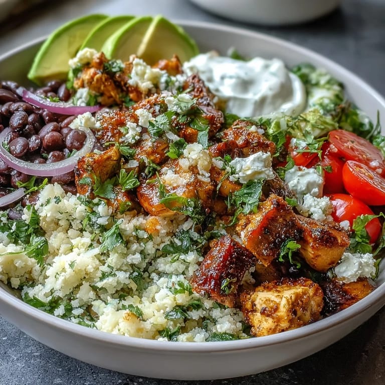 Zesty cilantro-lime cauliflower rice topped with seasoned chicken breast, fresh cherry tomatoes, and creamy avocado in a healthy bowl.  