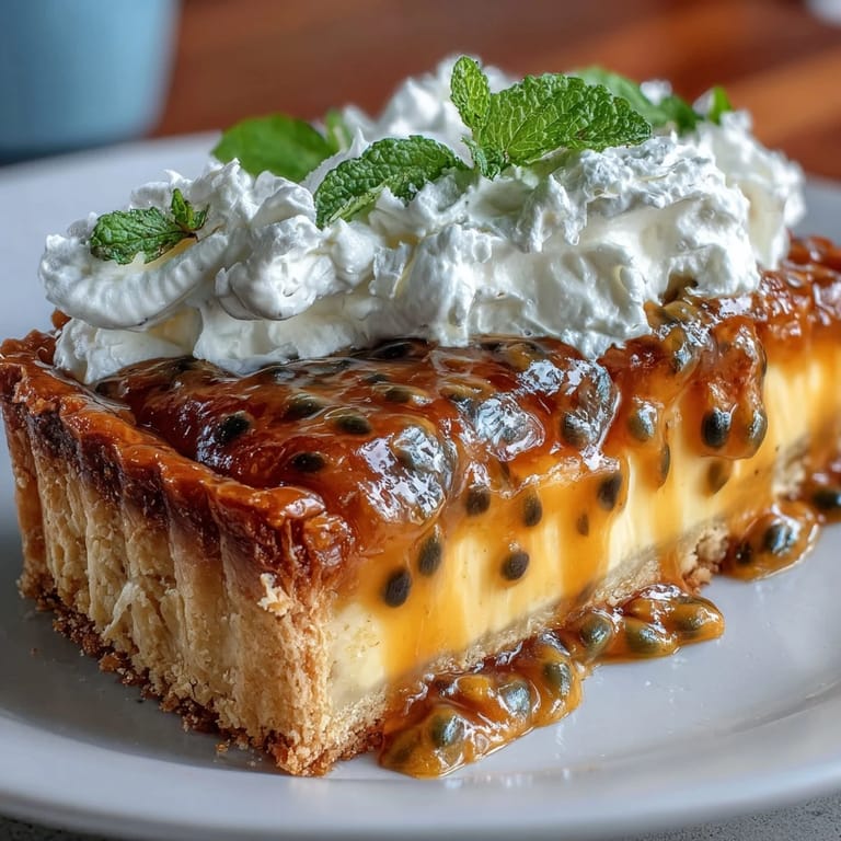 A vibrant passionfruit curd tart with buttery phyllo layers, crowned with soft whipped cream and a hint of fresh mint.