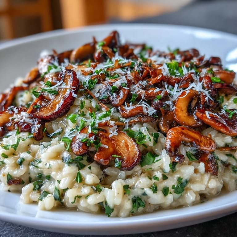 Wild mushroom risotto with truffle oil, featuring Arborio rice, sautéed mushrooms, and a fragrant drizzle of truffle for gourmet flavor.  