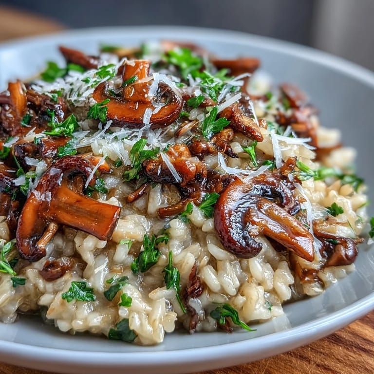 Aromatic wild mushroom risotto with truffle oil, highlighting tender mushrooms, creamy rice, and a finishing touch of Parmesan for elegance.