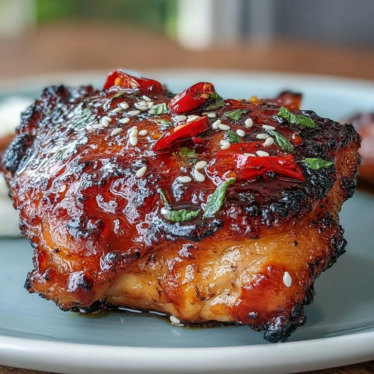 Roasted chicken thighs coated in a sweet and spicy chili jam glaze, garnished with sliced chilies and green onions for added flavor.  