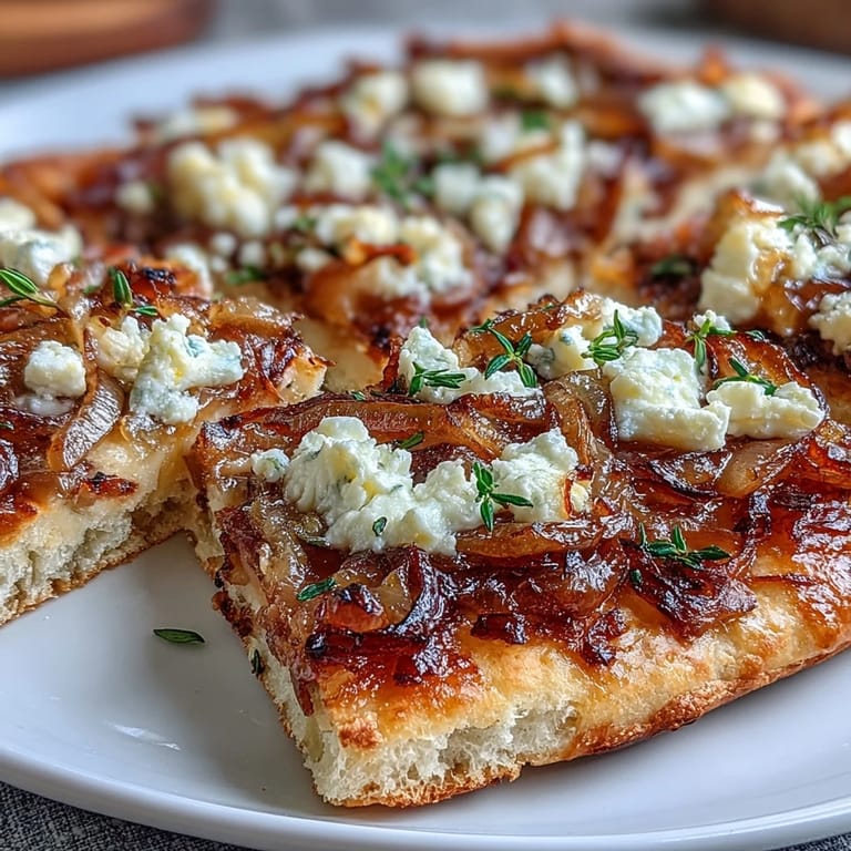 Warm flatbread topped with rich caramelized onions, tangy goat cheese crumbles, and aromatic thyme leaves, baked to perfection.  
