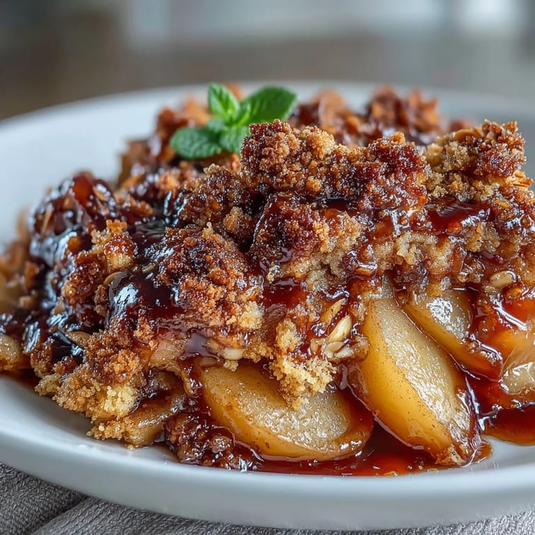 Warm cardamom-scented apple slices baked under a buttery oat crumble, perfect for cozy autumn evenings.