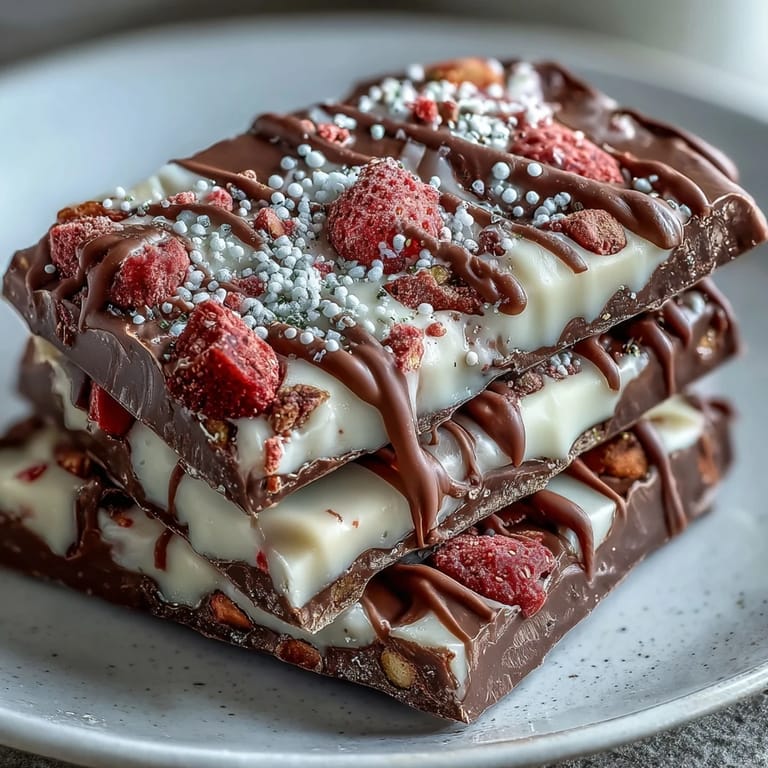 Elegant marbled chocolate bark featuring a mix of dark and white chocolate, accented with crunchy strawberries and festive sprinkles.