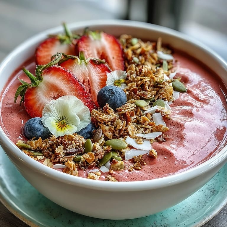Creamy strawberry smoothie base blended with Greek yogurt, crowned with granola, coconut, and edible flowers for a stunning brunch centerpiece.