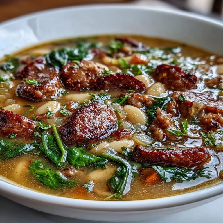 Rustic Italian sausage and cannellini bean soup simmered with fresh vegetables and herbs, topped with Parmesan and parsley for extra flavor.