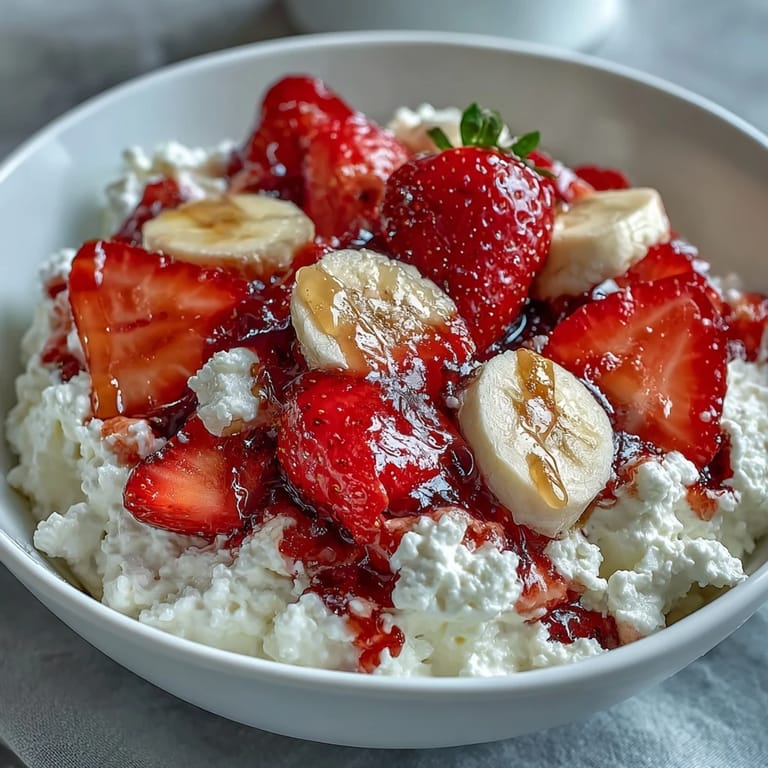 Creamy cottage cheese topped with sliced strawberries, banana, and blueberries, drizzled with golden honey for a sweet breakfast.  