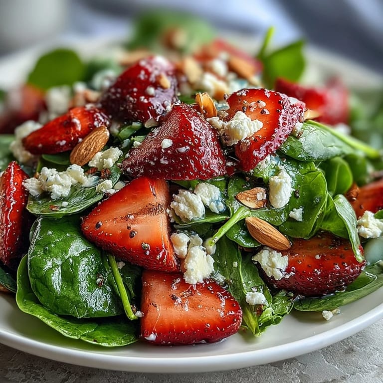 Refreshing spinach and strawberry salad with creamy feta, sliced almonds, and homemade poppy seed dressing.