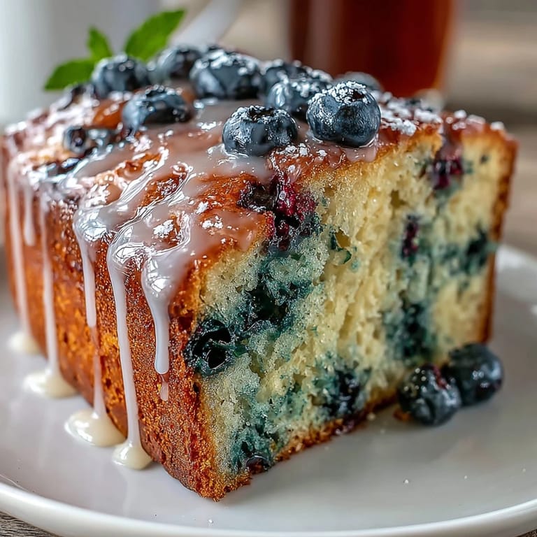 Fresh blueberry-studded lemon loaf with a creamy glaze, ideal for tea parties, brunches, or festive gatherings.