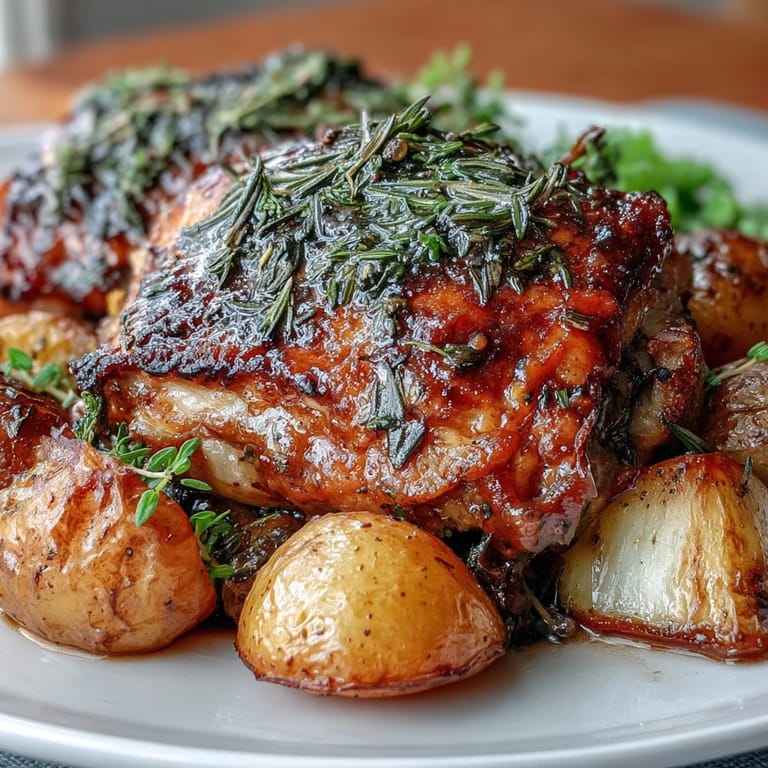 Golden roasted chicken thighs with crispy skin, tender baby potatoes, and sweet carrots seasoned with rosemary and thyme.  