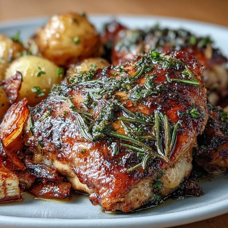 Aromatic herb roasted chicken thighs served with baby potatoes and carrots for a comforting, flavorful family dinner.