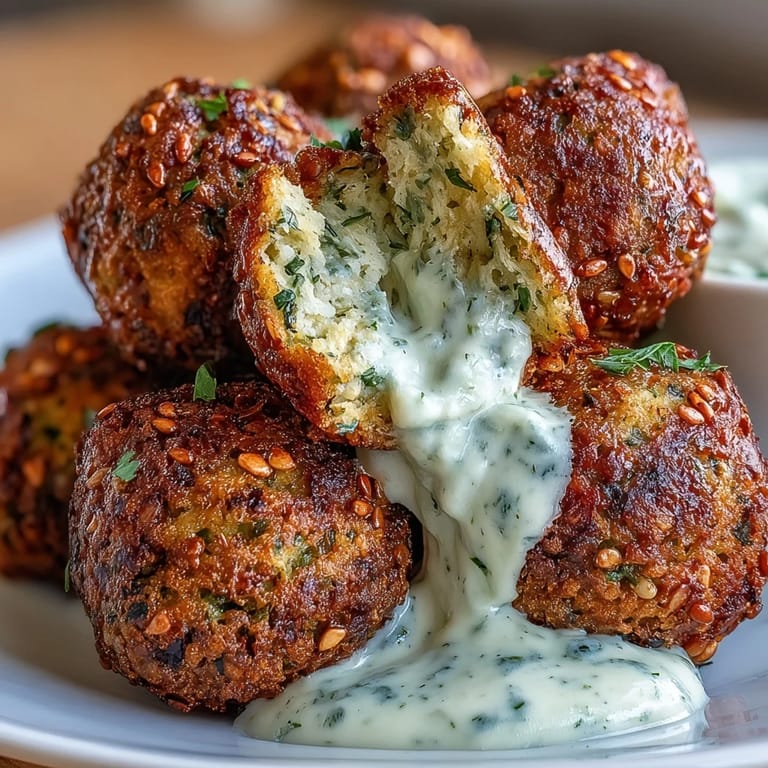 Golden falafel balls made in the air fryer, paired with a bright, zesty green tahini sauce for a healthy vegan meal.  