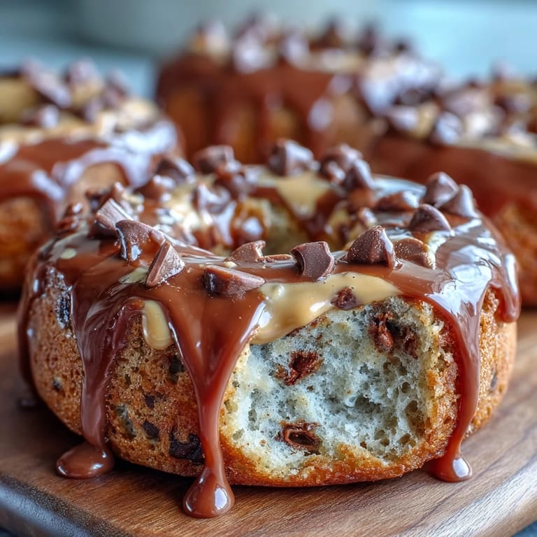 Golden-brown chocolate chip protein bagels topped with a smooth peanut butter drizzle, combining indulgent flavor with wholesome nutrition in every bite.