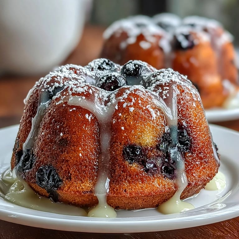 Golden mini sourdough bundt cakes studded with fresh blueberries, drizzled with tangy lemon glaze for a perfect dessert or brunch centerpiece.