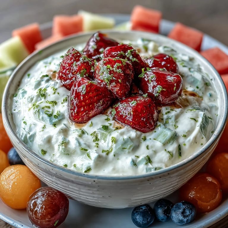 Vibrant melon and berry arrangement paired with tangy honey-lime dip, perfect for brunches, picnics, or light appetizers at any gathering.